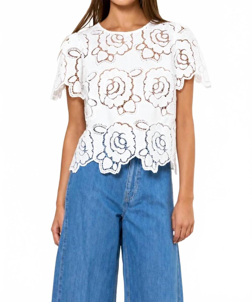 NEW LALAVON june floral eyelet short bell sleeve top in white